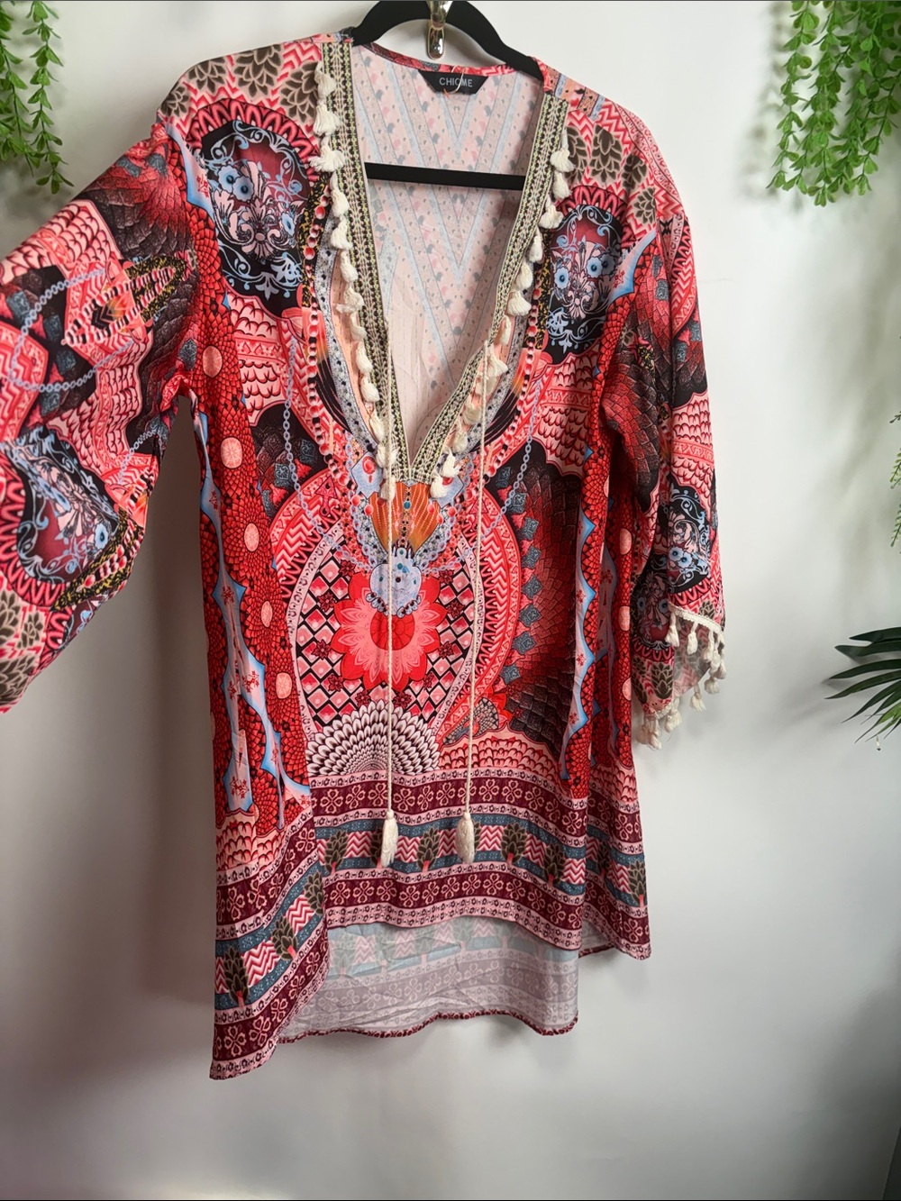 Chicme Red Multi-Print V-Neck Tassel Tunic - boho